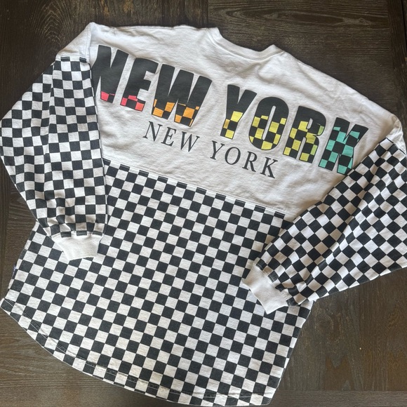 SPIRIT JERSEY Tops - New York Over Sized Graphic Checkered Long Sleeve Shirt 100% Cotton
